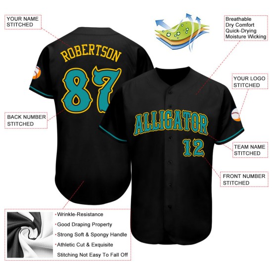 Maillot de baseball authentique bleu sarcelle et or noir personnalisé Maillot de baseball authentique bleu sarcelle et or noir personnalisé