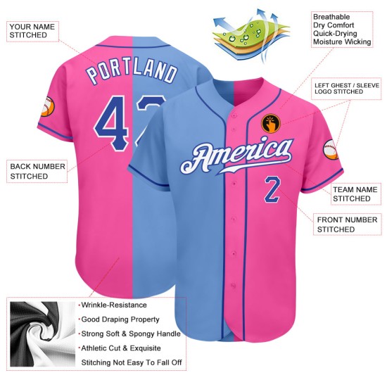 Maillot de baseball personnalisé rose royal-light fendu, bleu authentique Maillot de baseball personnalisé rose royal-light fendu, bleu authentique