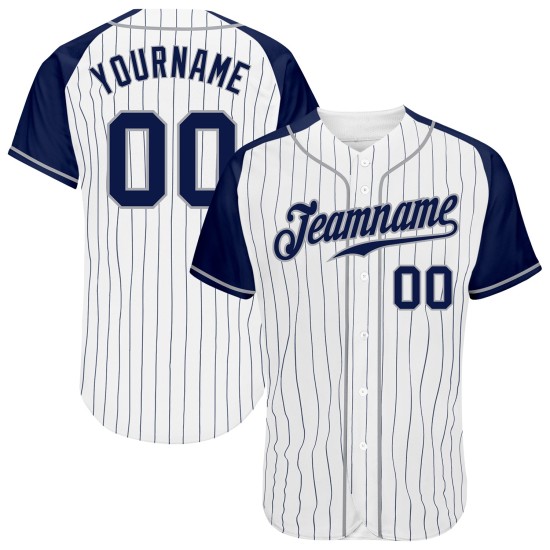 Maillot de baseball raglan bleu marine, gris et blanc, à rayures fines, manches authentiques bleu marine personnalisées Maillot de baseball raglan bleu marine, gris et blanc, à rayures fines, manches authentiques bleu marine personnalisées