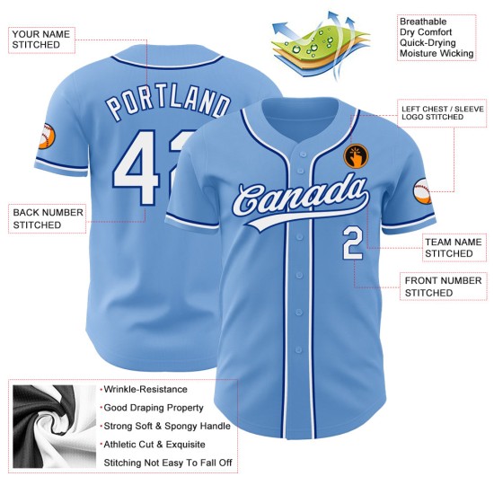 Maillot de baseball bleu clair authentique personnalisé blanc-royal Maillot de baseball bleu clair authentique personnalisé blanc-royal