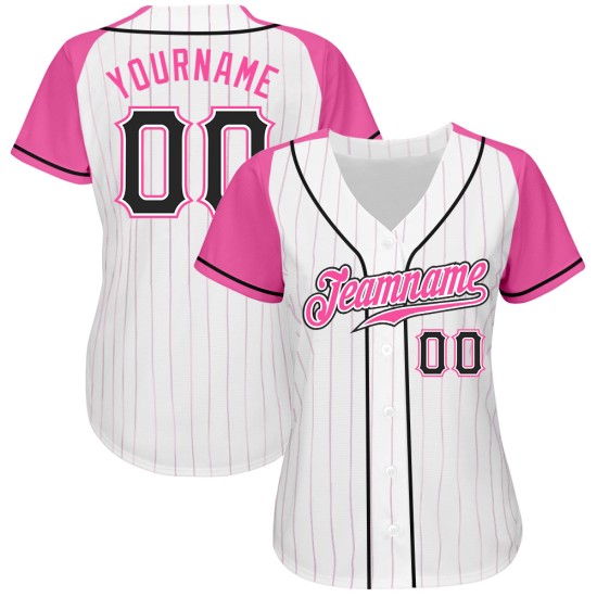 Maillot de baseball rose authentique à manches raglan et rayures blanches, noir et rose Maillot de baseball rose authentique à manches raglan et rayures blanches, noir et rose