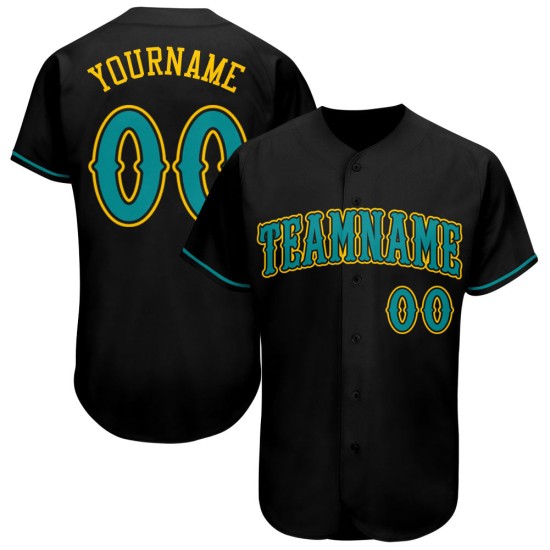 Maillot de baseball authentique bleu sarcelle et or noir personnalisé Maillot de baseball authentique bleu sarcelle et or noir personnalisé