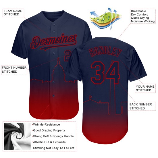 Maillot de baseball personnalisé City Fade Edition bleu marine 3D Washington Authentic Red Maillot de baseball personnalisé City Fade Edition bleu marine 3D Washington Authentic Red