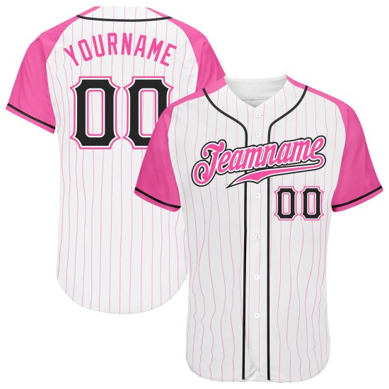 Maillot de baseball rose authentique à manches raglan et rayures blanches, noir et rose Maillot de baseball rose authentique à manches raglan et rayures blanches, noir et rose