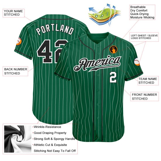 Maillot de baseball personnalisé authentique vert noir-blanc à fines rayures blanc Kelly Maillot de baseball personnalisé authentique vert noir-blanc à fines rayures blanc Kelly