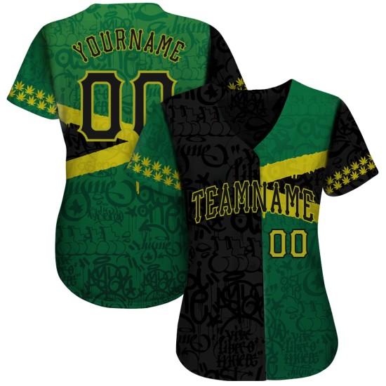 Maillot de baseball authentique 3D Graffiti Jamaica personnalisé à motif noir et vert Maillot de baseball authentique 3D Graffiti Jamaica personnalisé à motif noir et vert