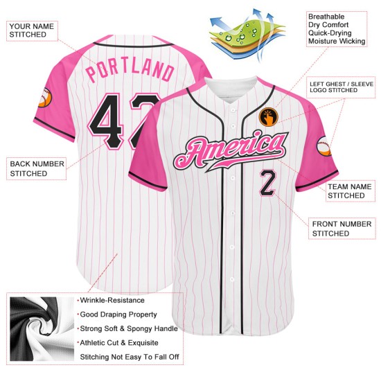 Maillot de baseball rose authentique à manches raglan et rayures blanches, noir et rose Maillot de baseball rose authentique à manches raglan et rayures blanches, noir et rose