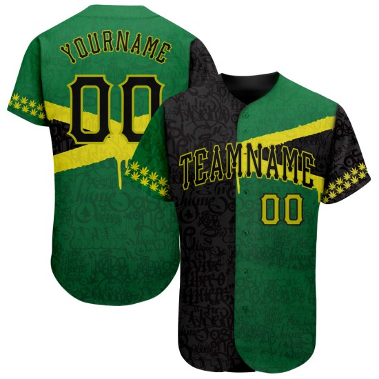 Maillot de baseball authentique 3D Graffiti Jamaica personnalisé à motif noir et vert Maillot de baseball authentique 3D Graffiti Jamaica personnalisé à motif noir et vert
