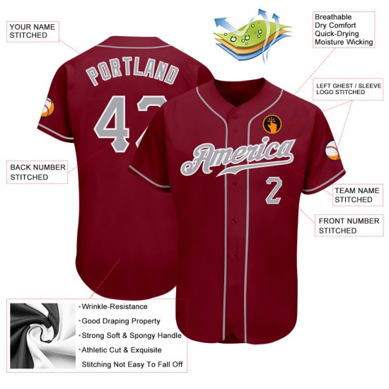 Maillot de baseball personnalisé authentique gris cramoisi et blanc Maillot de baseball personnalisé authentique gris cramoisi et blanc