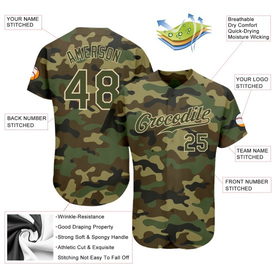 Maillot de baseball authentique avec camouflage olive et crème Maillot de baseball authentique avec camouflage olive et crème