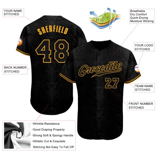 Maillot de baseball 3D en peau de serpent noir, personnalisé et authentique, design noir et or Maillot de baseball 3D en peau de serpent noir, personnalisé et authentique, design noir et or