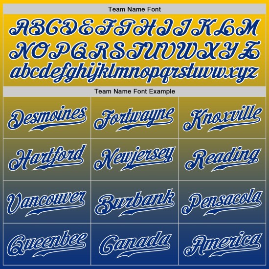Maillot de baseball tendance, personnalisé, authentique, jaune dégradé, bleu royal et blanc Maillot de baseball tendance, personnalisé, authentique, jaune dégradé, bleu royal et blanc