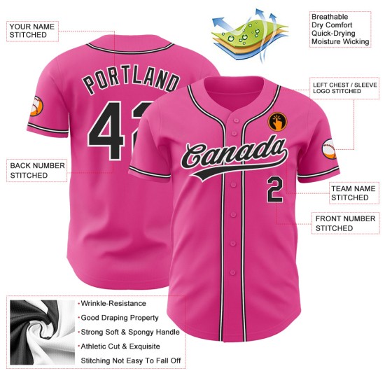 Maillot de baseball authentique personnalisé noir-blanc-rose Maillot de baseball authentique personnalisé noir-blanc-rose