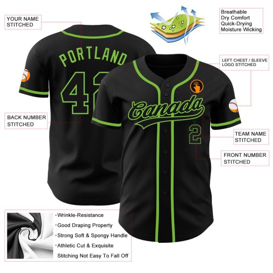 Maillot de baseball personnalisé noir-noir fluo vert authentique Maillot de baseball personnalisé noir-noir fluo vert authentique