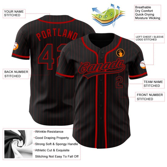 Maillot de baseball noir authentique à rayures rouges personnalisé Maillot de baseball noir authentique à rayures rouges personnalisé