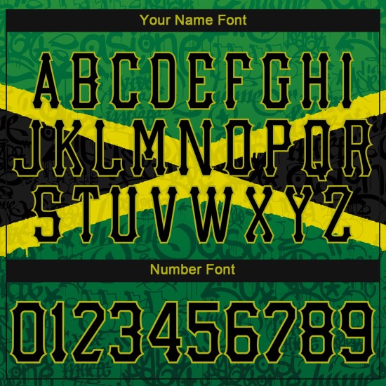 Maillot de baseball authentique 3D Graffiti Jamaica personnalisé à motif noir et vert Maillot de baseball authentique 3D Graffiti Jamaica personnalisé à motif noir et vert