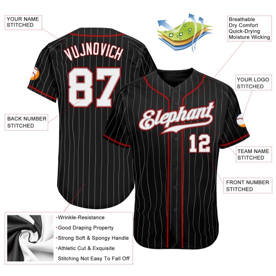 Maillot de baseball authentique à rayures blanches et rouges, gris, personnalisé, noir Maillot de baseball authentique à rayures blanches et rouges, gris, personnalisé, noir