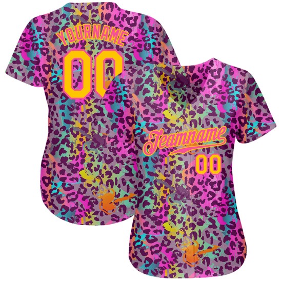 Maillot de baseball personnalisé 3D authentique, motif graffiti coloré, léopard doré et rose Maillot de baseball personnalisé 3D authentique, motif graffiti coloré, léopard doré et rose