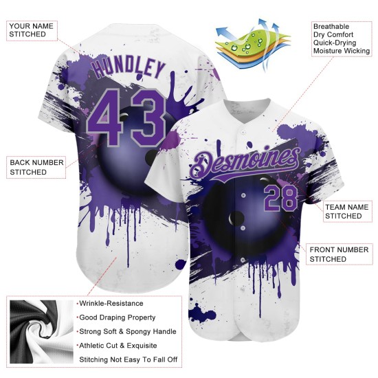 Authentique Balle Violet-Gris Blanc Jersey Baseball Motif Personnalisé 3D Bowling Authentique Balle Violet-Gris Blanc Jersey Baseball Motif Personnalisé 3D Bowling
