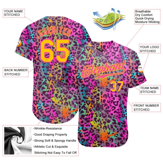 Maillot de baseball personnalisé 3D authentique, motif graffiti coloré, léopard doré et rose Maillot de baseball personnalisé 3D authentique, motif graffiti coloré, léopard doré et rose