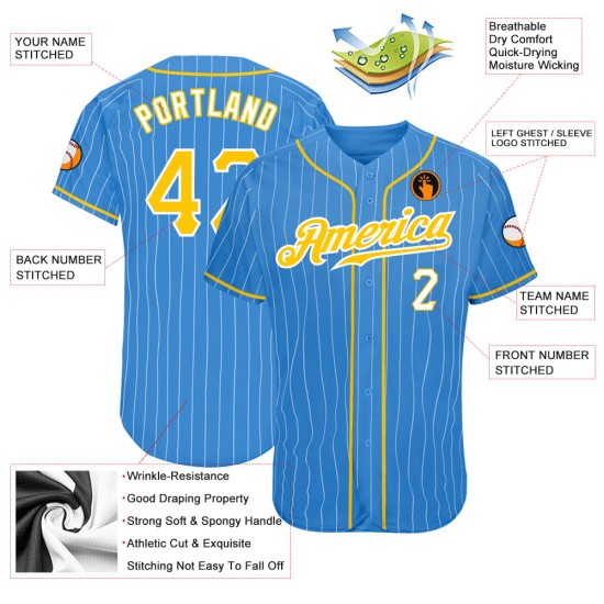 Maillot de baseball blanc à rayures authentiques, or et blanc, bleu poudre Maillot de baseball blanc à rayures authentiques, or et blanc, bleu poudre