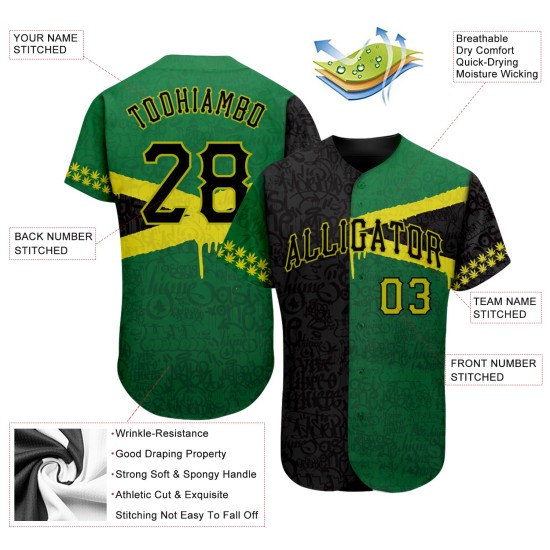 Maillot de baseball authentique 3D Graffiti Jamaica personnalisé à motif noir et vert Maillot de baseball authentique 3D Graffiti Jamaica personnalisé à motif noir et vert