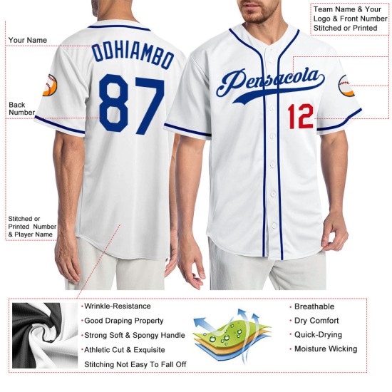 Maillot de baseball blanc royal-rouge personnalisé authentique Maillot de baseball blanc royal-rouge personnalisé authentique