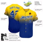 Maillot de baseball tendance, personnalisé, authentique, jaune dégradé, bleu royal et blanc Maillot de baseball tendance, personnalisé, authentique, jaune dégradé, bleu royal et blanc