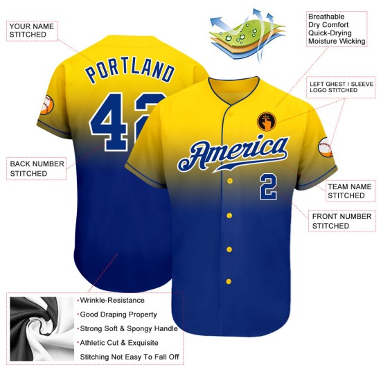 Maillot de baseball tendance, personnalisé, authentique, jaune dégradé, bleu royal et blanc Maillot de baseball tendance, personnalisé, authentique, jaune dégradé, bleu royal et blanc