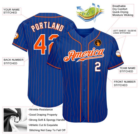 Maillot de baseball Royal authentique personnalisé à rayures orange et blanc Maillot de baseball Royal authentique personnalisé à rayures orange et blanc
