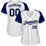 Maillot de baseball raglan bleu marine, gris et blanc, à rayures fines, manches authentiques bleu marine personnalisées Maillot de baseball raglan bleu marine, gris et blanc, à rayures fines, manches authentiques bleu marine personnalisées