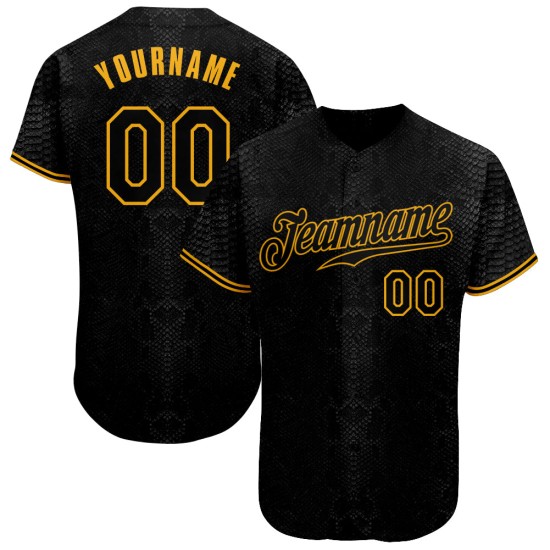 Maillot de baseball 3D en peau de serpent noir, personnalisé et authentique, design noir et or Maillot de baseball 3D en peau de serpent noir, personnalisé et authentique, design noir et or